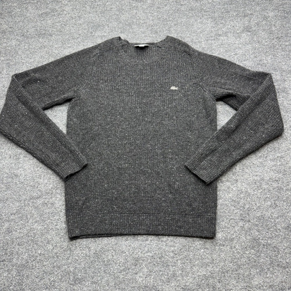Lacoste Mens Charcoal Grey Marl Wool Blend Textured Crewneck Sweater Size US S